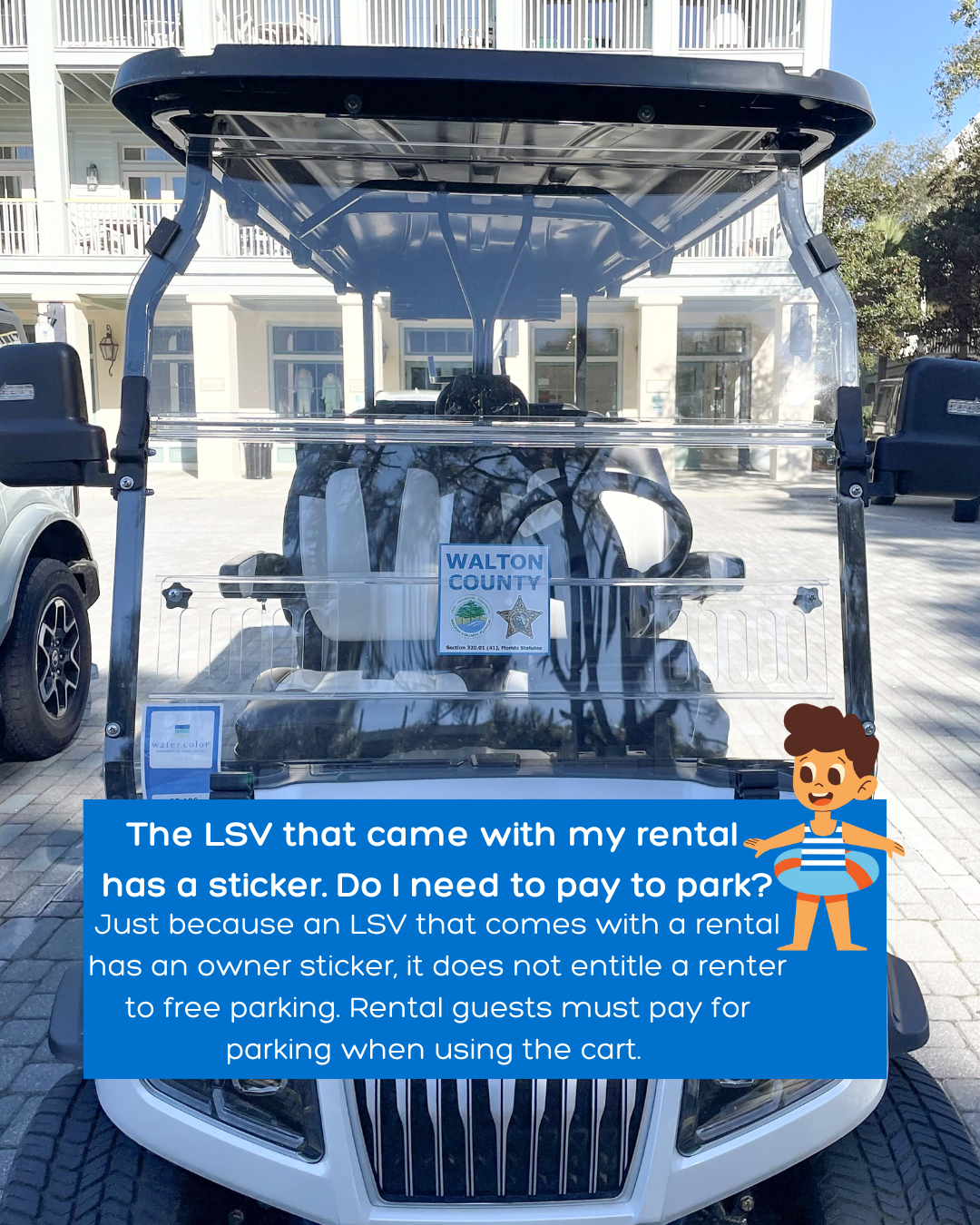 Picture of a parked golf cart with WaterColor Owner sticker